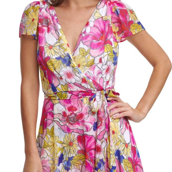 DKNY Floral Flutter Sleeve Faux Wrap Midi Dress Size 16 - Picture 3 of 4